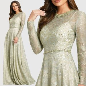 Mac Duggal 491881 Size 10 Sage Green Gold Long Sleeve Floral Lace Gown Dress
